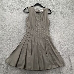 Calvin Klein Dress Women 4P Muted Green Sewn-Down Pleats Fit & Flare Round Neck